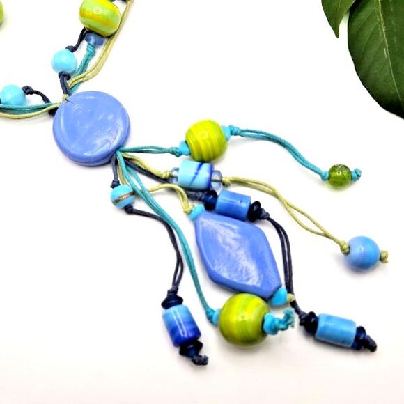 Bright Blue and Green 27" Long Ceramic and Glass Beaded Y-Drop Cord Necklace - Picture 1 of 6